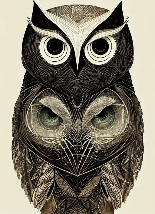 Image similar to portrait of a geometric owl, identical eyes, medium shot, illustration, full body made of white feathers, symmetrical, art stand, super detailed, cinematic lighting, and its detailed and intricate, gorgeous, by peter mohrbacher