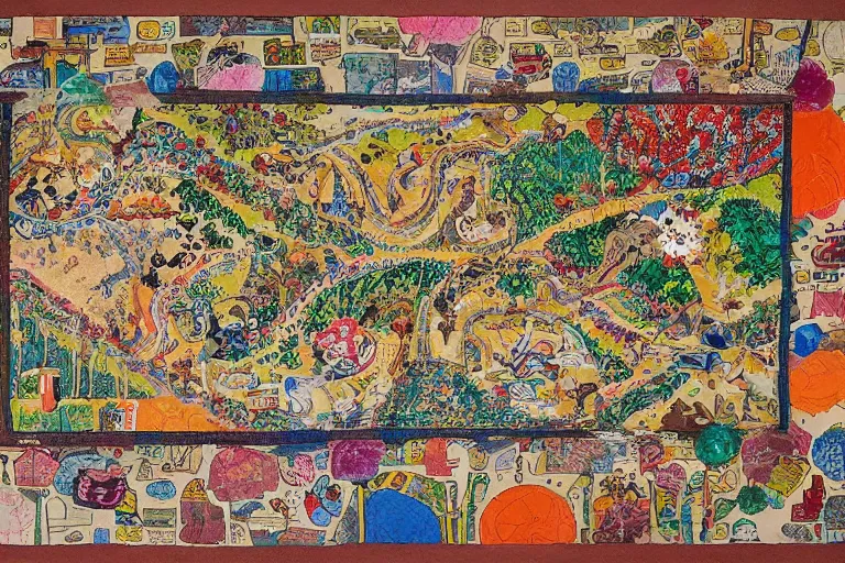 Image similar to an elaborate and dense painting of a kids road map carpet rug, detailed, made of alcohol ink on parchment and penned illustrations, by wes anderson and geoff darrow!!!!!