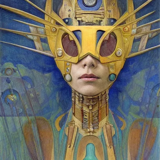 Image similar to the robot queen with her bird mask, by annie swynnerton and diego rivera and elihu vedder and jean delville, symbolist, dramatic lighting, elaborate geometric ornament, head and shoulders view, art brut, soft cool colors, smooth, sharp focus, extremely detailed, adolf wolfli, donato giancola, leo and diane dillon