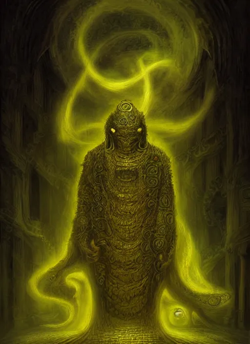 Image similar to detailed digital painting of hastur the king in yellow, dark background, volumetric lighting, by boris vallejo and luis royo