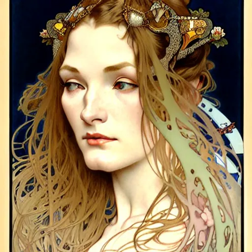 Prompt: realistic detailed face portrait of Veronica Lake by Alphonse Mucha, Ayami Kojima, Yoshitaka Amano, Charlie Bowater, Karol Bak, Greg Hildebrandt, Jean Delville, and Mark Brooks, Art Nouveau, Pre-Raphaelite, Neo-Gothic, gothic, Art Nouveau, intricate fine details, exquisite, rich deep moody colors, beautiful detailed background, 4k resolution