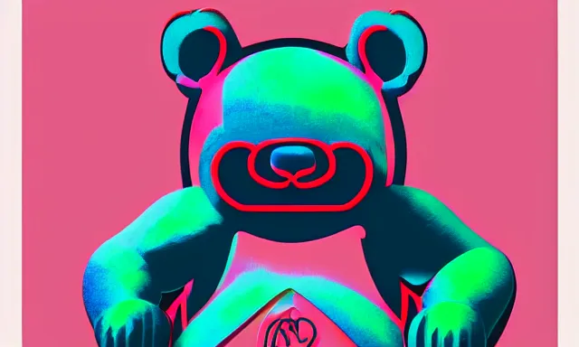 Image similar to A carved wooden bear, a poster design for a contemporary graphic design exhibition, in the style of Merijin Hos and KAWS, clean color and neon fluorescent airbrush accents typographic graphic design volumetric octane render