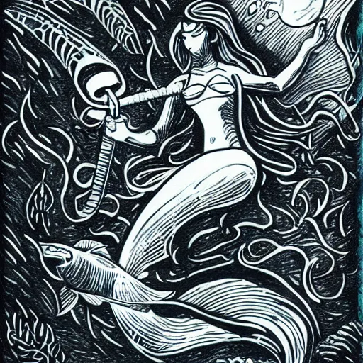 Prompt: old drawing of a scuba diver swimming with a beautiful mermaid underwater, under water scenery, dramatic lighting, intense, epic, realistic drawing