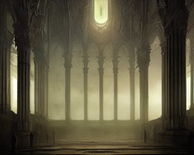 Image similar to fantasy scene, king of the wolves inside the king's hall ethereal, ominous, misty, 8 k, by h. r. giger and greg rutkowski