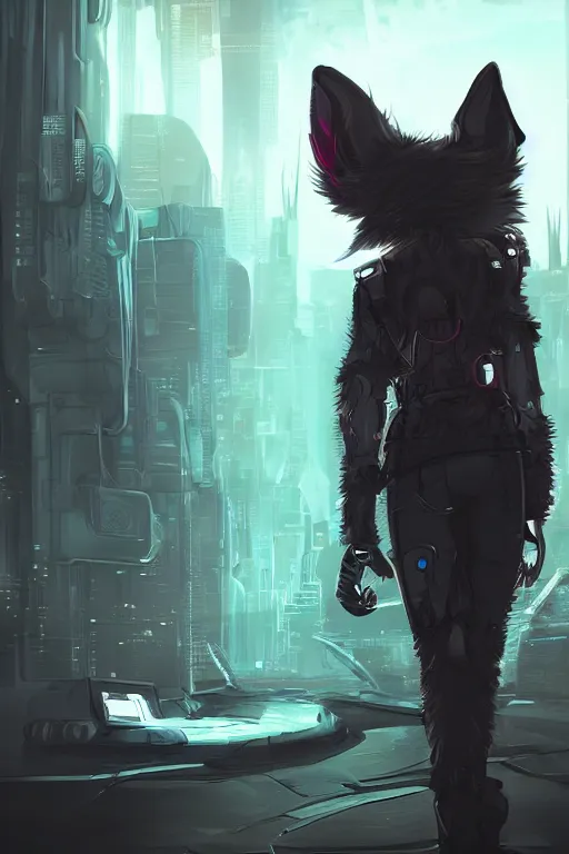 Image similar to an anthropomorphic cyberpunk fox, backlighting, trending on artstation, digital art, furry art, trending on furaffinity, fantasy art, by kawacy, view from behind, fluffy tail