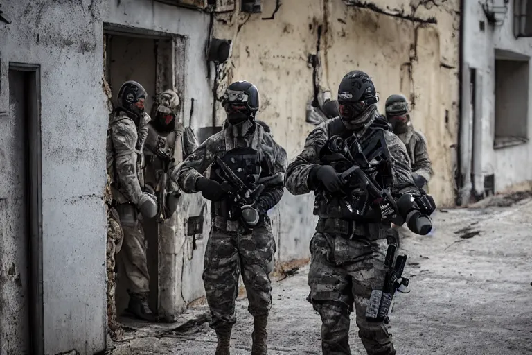 Image similar to Mercenary Special Forces soldiers in grey uniforms with black armored vest and black helmets in urban warfare in Russia 2022, Canon EOS R3, f/1.4, ISO 200, 1/160s, 8K, RAW, unedited, symmetrical balance, in-frame, combat photography