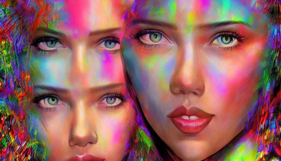 Prompt: scarlett johansson in psychodelic dmt lsd forest, photorealistic, artgerm, artwork by Arian, Mark