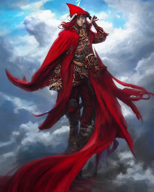 Image similar to A Full View of a Red Mage wearing magical shining armor and a feathered hat surrounded by an epic cloudscape. Magus. Red Wizard. Magimaster. Conquistador armor. Red and white stripes. Fantasy Illustration. masterpiece. 4k digital illustration. by Ruan Jia and Mandy Jurgens and Artgerm and greg rutkowski and Alexander Tsaruk and WLOP and Range Murata, award winning, Artstation, art nouveau aesthetic, Alphonse Mucha background, intricate details, realistic, panoramic view, Hyperdetailed, 8k resolution, intricate art nouveau