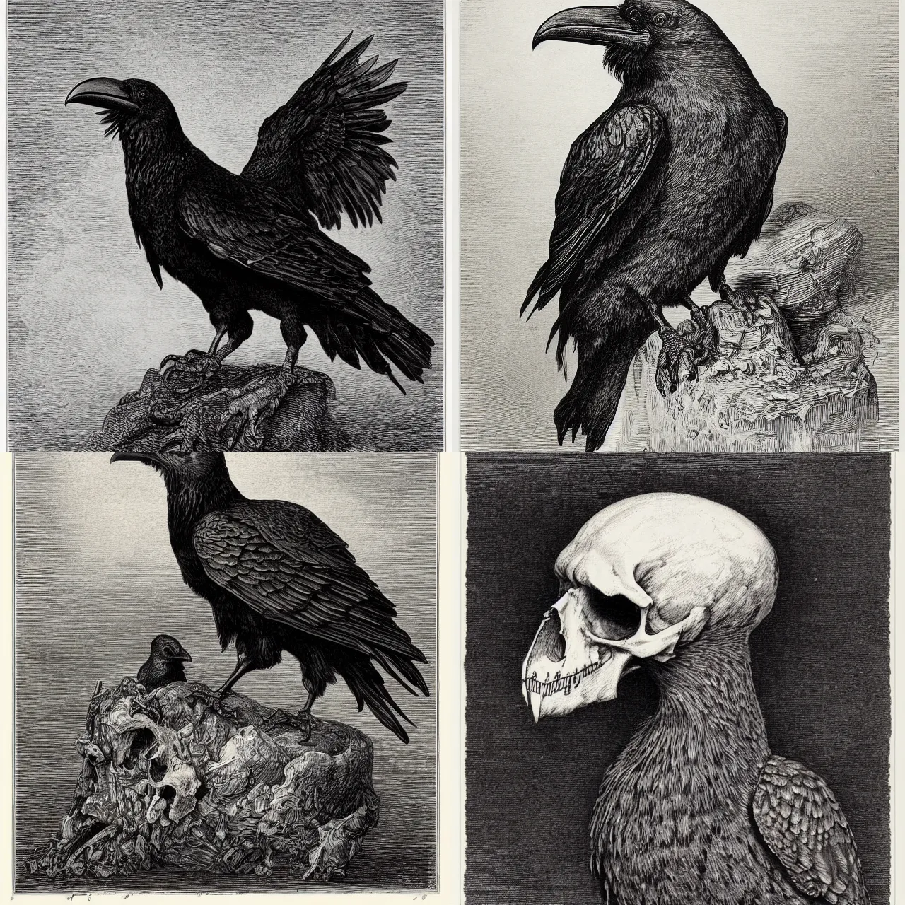 Prompt: an engraving of a raven on a skull by gustave dore, john blanche, ian miller, highly detailed