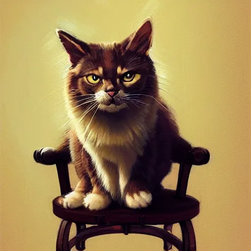 Image similar to cat sitting in a chair, painting, by greg rutkowski and igor kieryluk, photo realistic, dynamic lighting, artstation, poster, volumetric lighting, very detailed face, 8 k, award winning