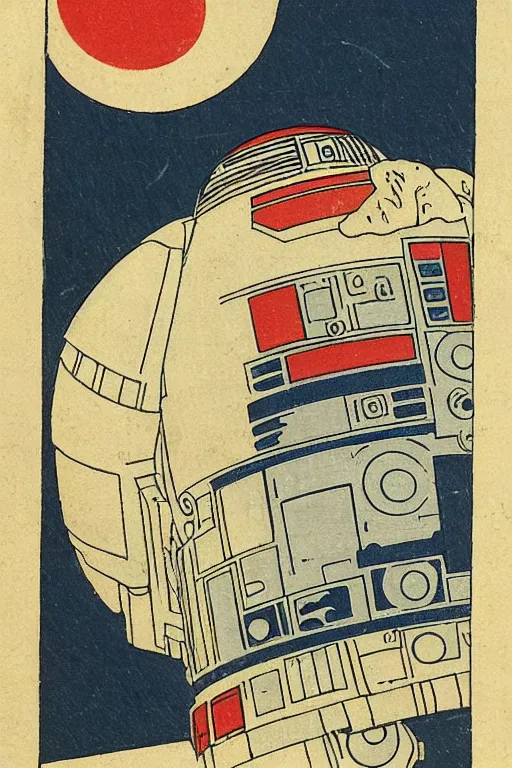 Prompt: Japanese woodblock print of r2d2 , hokusai