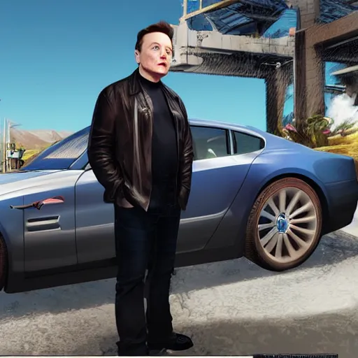 Prompt: Elon Musk in a GTA 5 loading screen, concept art by Anthony McBain