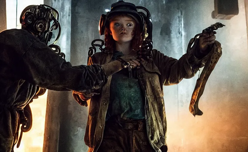 Prompt: machine monster grabs sadie sink ( dressed as a miner, perfect hand anatomy, realistic eyes ) : a scifi cyberpunk film from 1 9 8 0 s. by james cameron. 3 5 mm low grain film stock. sharp focus, moody cinematic atmosphere, detailed and intricate environment,