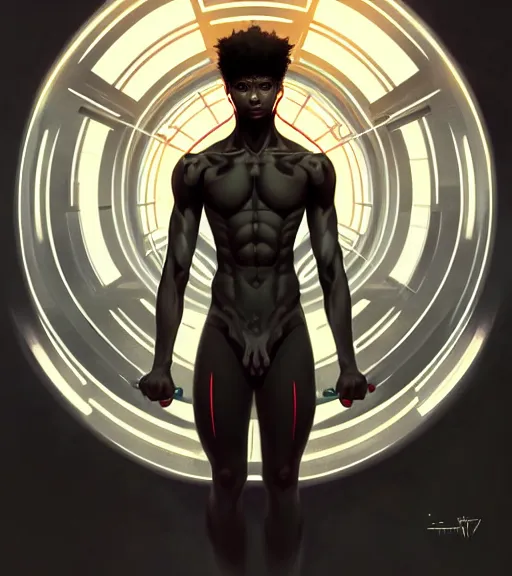 Image similar to symmetry black boy ultra detailed, intricate, anime, dynamic lighting, digital art, digital painting, art station, wlop, sharp focus, illustration, art by artgerm and greg rutkowski and alphonse mucha