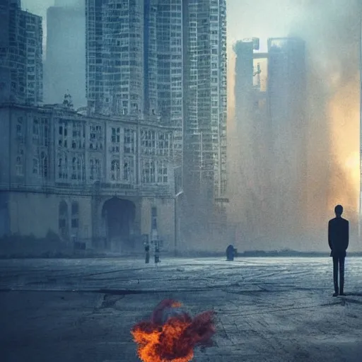 Image similar to the city is burning and fire is everywhere, palaces are collapsing world is getting destroyed just a man was standing alone crying while world is getting destroyed detailed picture HD