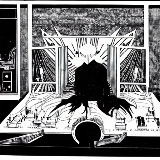 Prompt: the somnambulist from the cabinet of dr. caligari playing a emerson moog modular synthesizer, style of aubrey beardsley