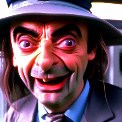 Prompt: mr. bean as wayne from the waynes world movie. movie still. cinematic lighting.