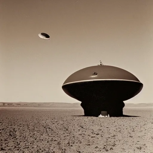 Prompt: vintage photograph unpublished photo of UFO in the desert of roswell sepia