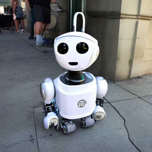 Prompt: LOS ANGELES, CA July 7 2025: Open Source Self-Aware Robot Convention, Cute Robot Wearing Trenchcoat