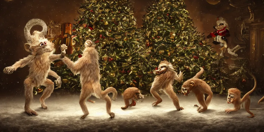 Prompt: Intricate detailed illustration, white-furred humanoid creatures fighting monkeys in front of a christmas tree, cinematic lighting, by Philip Hood, wide angle, volumetric light scattering, 8k, artstation, concept art,