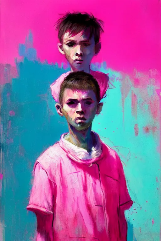 Prompt: portrait of a young boy nor living not death in a postapoliptic forgotten world, in the colors hot pink and cyan, beautiful face, rule of thirds, complex outfit, spotlight, octane render, dramtic lit, by greg rutkowski, by jeremy mann, by francoise nielly, by van gogh, digital painting