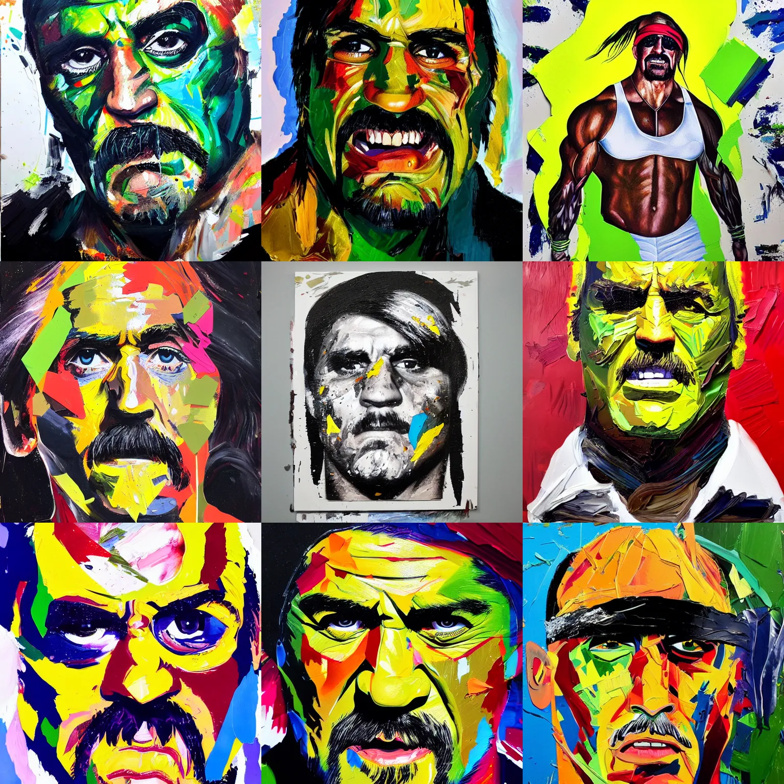 Prompt: hulk hogan portrait painting with very thick multi-layer bold fragments of paint in a heavy brushstrokes form