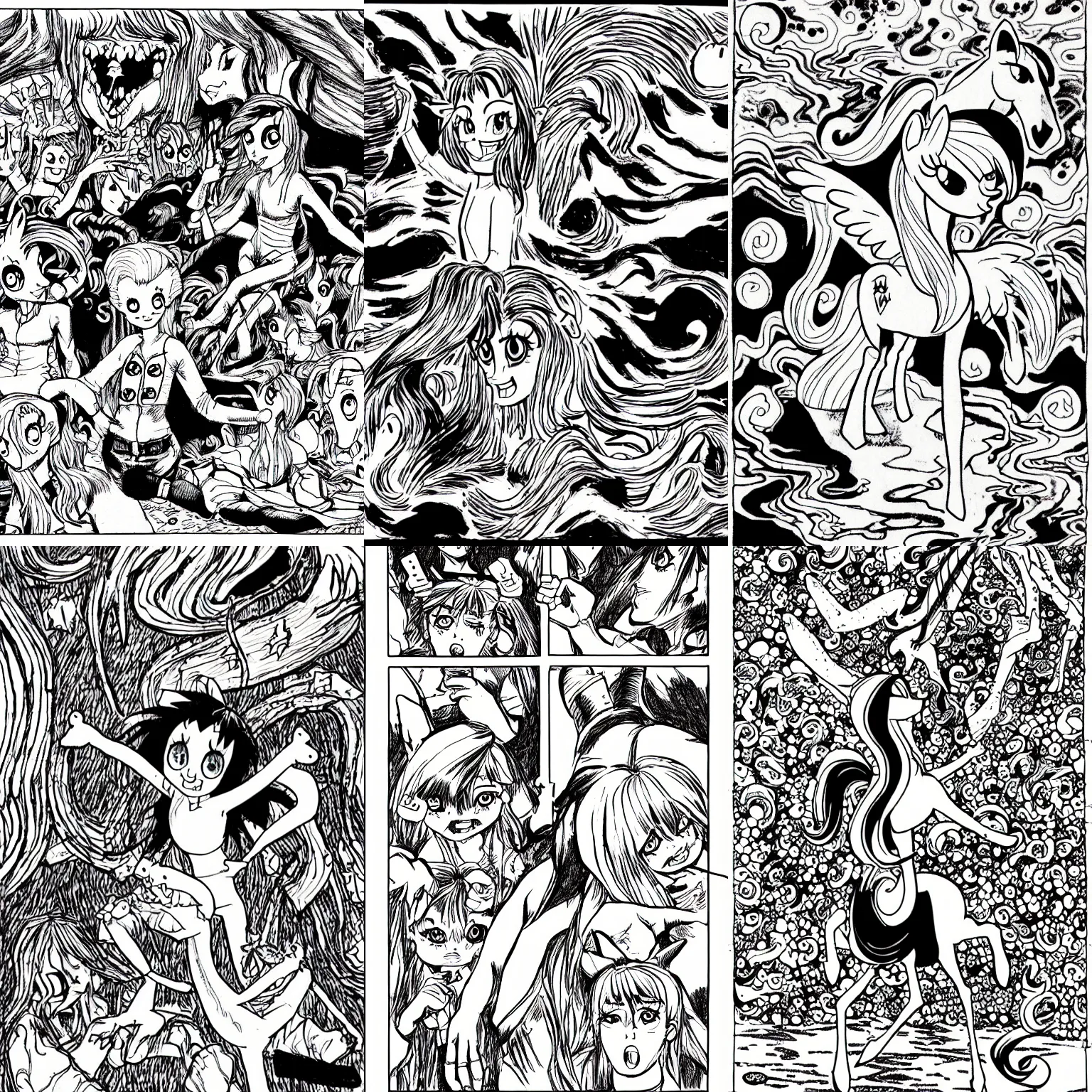 Prompt: my little pony drawn by junji ito, comic strip, very detailed