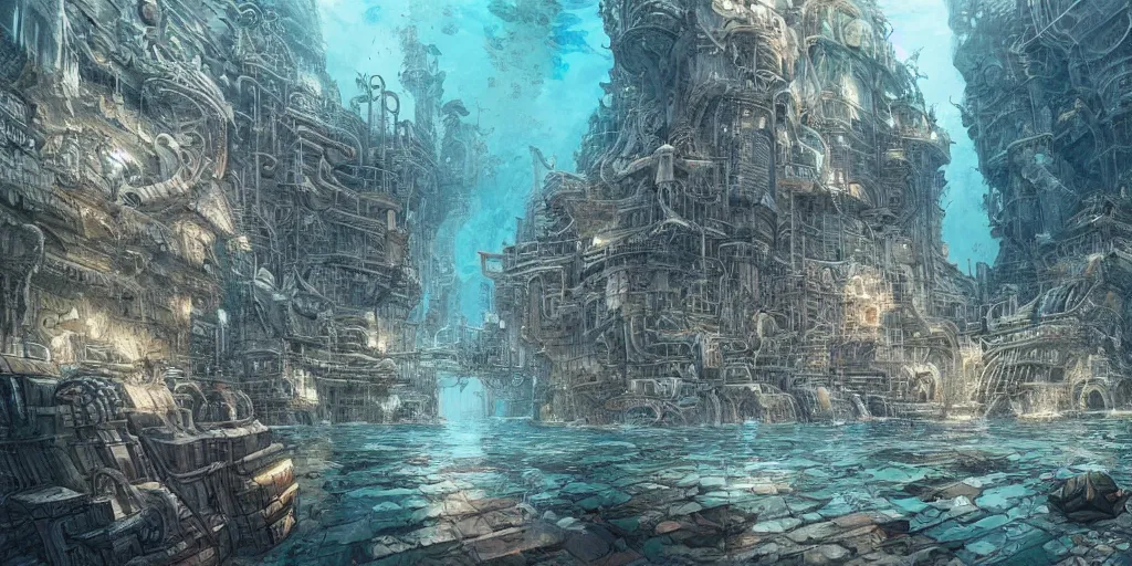 Image similar to masterpiece artwork of a underwater city, hyper detailed, art, trending in artstation, behance, deviantart, art style by kim jung gi and greg rutkowski