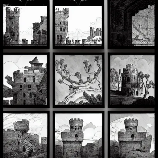 Prompt: A beautiful collage of a castle in the clouds. taupe, high-key lighting by Giovanni Battista Piranesi, by Stuart Immonen unnerving