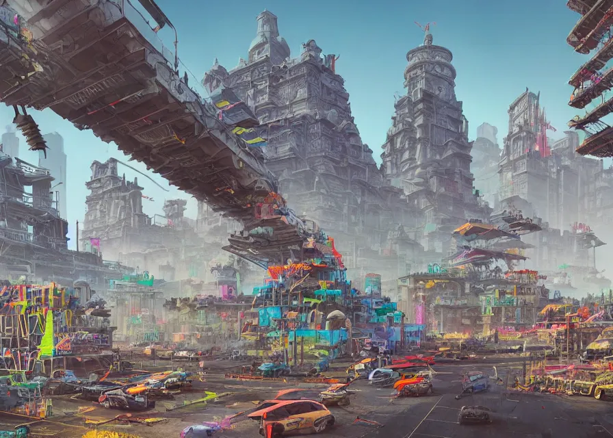 Image similar to hyperrealistic matte painting of aztec temples in a future environment with flying cars, mechanical features and neon, graffiti, scaffolding, smog, destruction by filip hodas, beeple, 4 k, trending on cgsociety