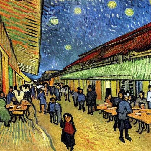 Prompt: a painting of a hawker centre by vincent van gogh