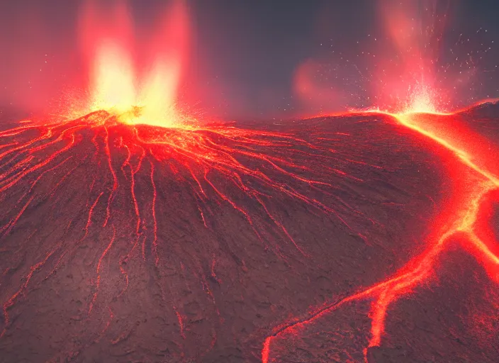 Prompt: highly detailed photo of an erupting volcano with lava flowing down the sides, film, photography, bokeh, Canon 50mm, cinematic lighting, volumetric light, octane, octane render, redshift render
