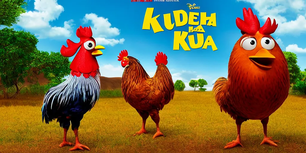 Prompt: the movie kudah about a rooster, Pixar movie poster, 3D, 8K, 2000s computer animation