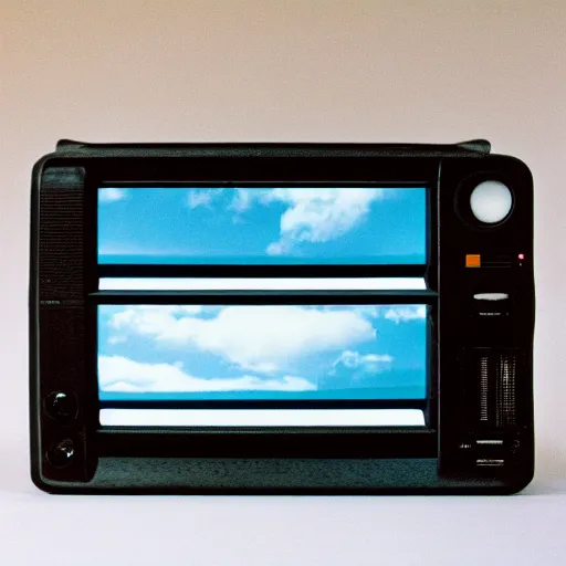 Prompt: a professional studio photograph (((((((((((((((of a 90s television and VHS combo playing a video))))))))))))))) of clouds, key light, 50mm, shallow depth of field, no artefacts
