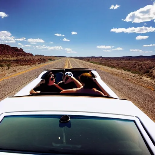 Image similar to three friends in an open convertible, roadtrip on route 66