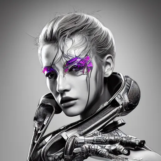 Prompt: the portrait of an absurdly beautiful, graceful, elegant, sophisticated, fashionable cyberpunk gravure idol, an ultrafine hyperdetailed illustration by kim jung gi, irakli nadar, intricate linework, bright colors, porcelain skin, mixed metals, unreal engine 5 highly rendered, global illumination, radiant light, detailed and intricate environment