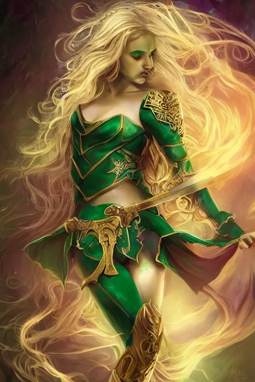 Image similar to fantasy, female, elf, fey - like, long curly hair, blond hair, warrior, dancer, green and white clothes, golden embossing, golden jewelry, swords, beautiful, elegant, portrait