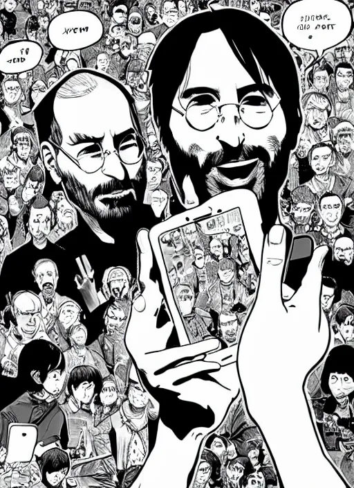 Prompt: steve jobs revealing the iphone as manga, 8 k, color, by katsuhiro otomo and hiroya oku and makoto yukimura