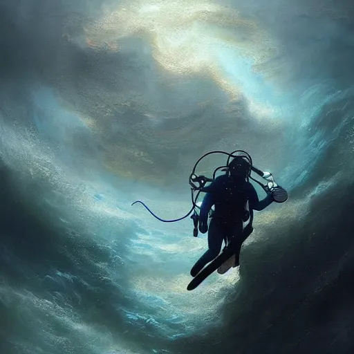 Image similar to a dream fantasy painting of a scuba diver trapped in a maelstrom, trending on artstation, deviantart, matte painting by greg rutkowski, holly bruce, jon kuo