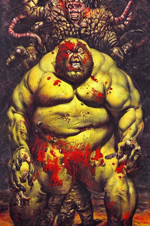 Image similar to surreal a hulking herculeanjohn candy as nurgle the unclean in a post apocalyptic hellscape, esoteric symbolism, intense emotional power, red yellow black, palette knife oil painting by peter booth and william blake