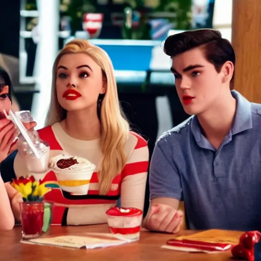 Prompt: betty cooper, archie andrews and veronica lodge all drinking from the same milkshake with their own strawa