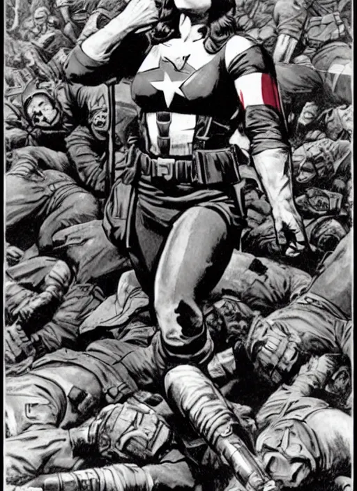 Prompt: female captain america standing on a pile of defeated german soldiers. female captain america wins wwii. american wwii propaganda poster by james gurney