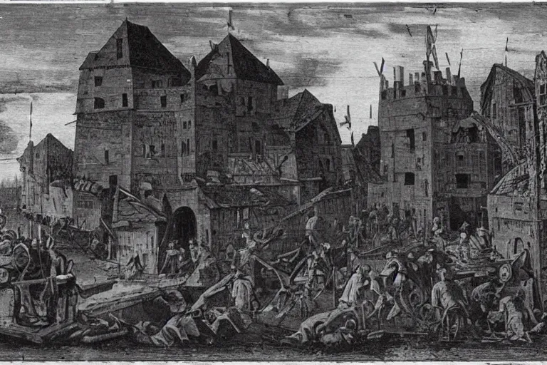 Image similar to an very old photo of a town getting destroyed in medieval times