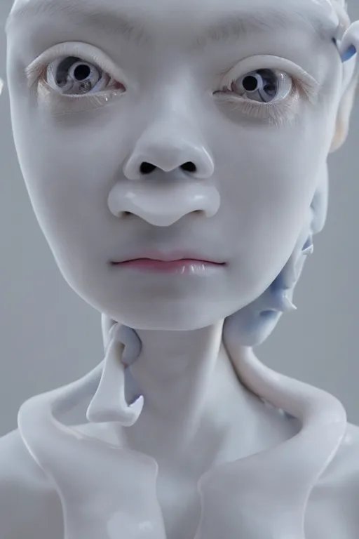 Prompt: full head and shoulders, beautiful porcelain female person, mixed with three giant frog spawn eyes, smooth, delicate facial features, white detailed eyes, white lashes, 3 d white shiny thick, wearing colourful streetwear, background is an empty art gallery, by daniel arsham and james jean, featured in pictoplasma