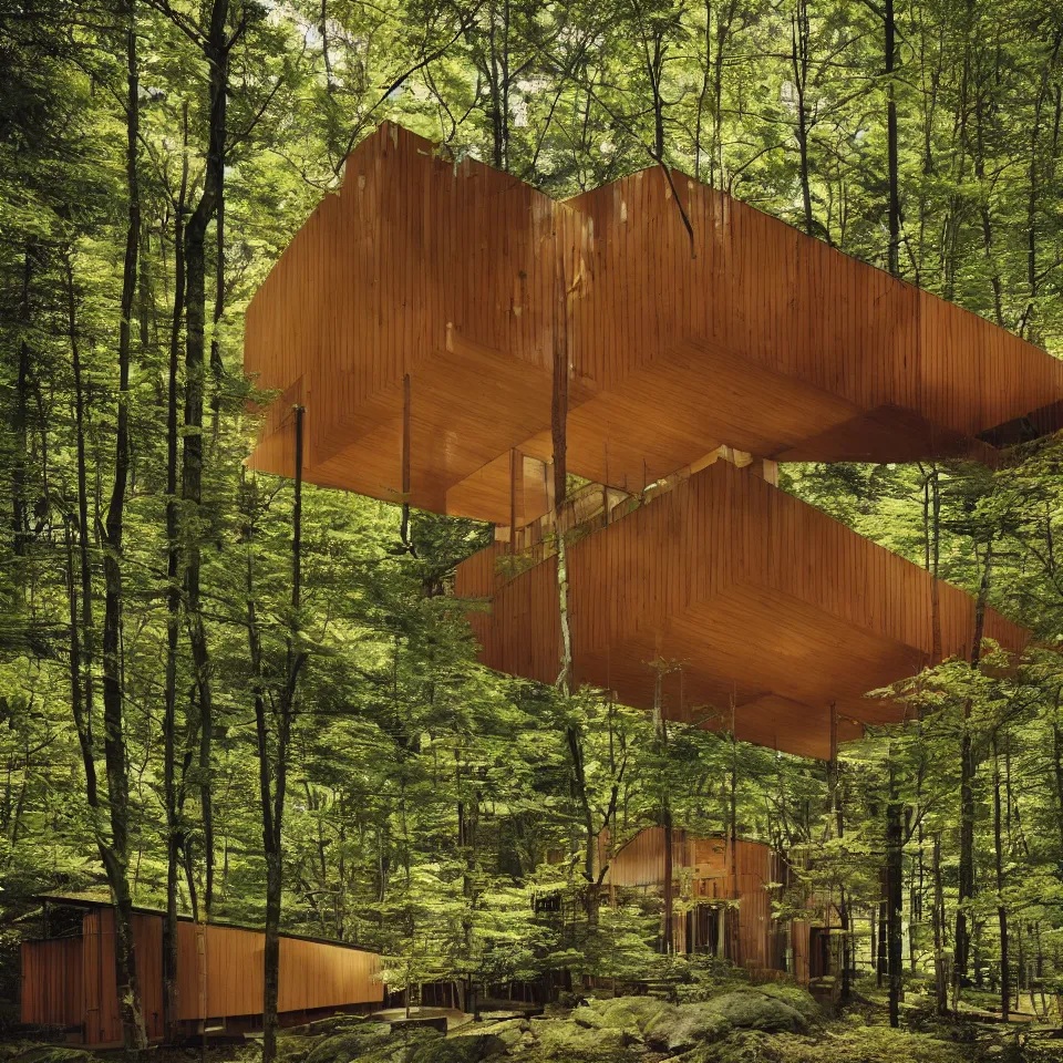 Prompt: architecture ad for a mid-century modern house in the forest, designed by Kengo Kuma. Film grain, cinematic, yellow hue