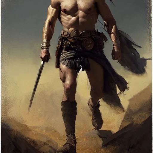 Prompt: Portrait of a rugged ranger marching toward the viewer, male, muscular, blue eyes!!!!, straight nose!!!, detailed face, exposed thighs!!!, fantasy, medieval, highly detailed, painting by greg rutkowski