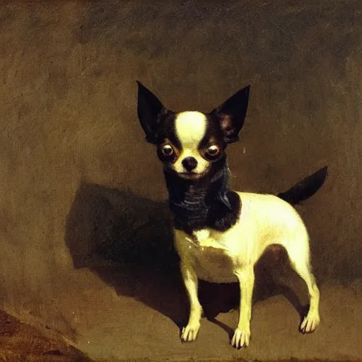 Image similar to chihuahua, by camille corot, eating a bagel