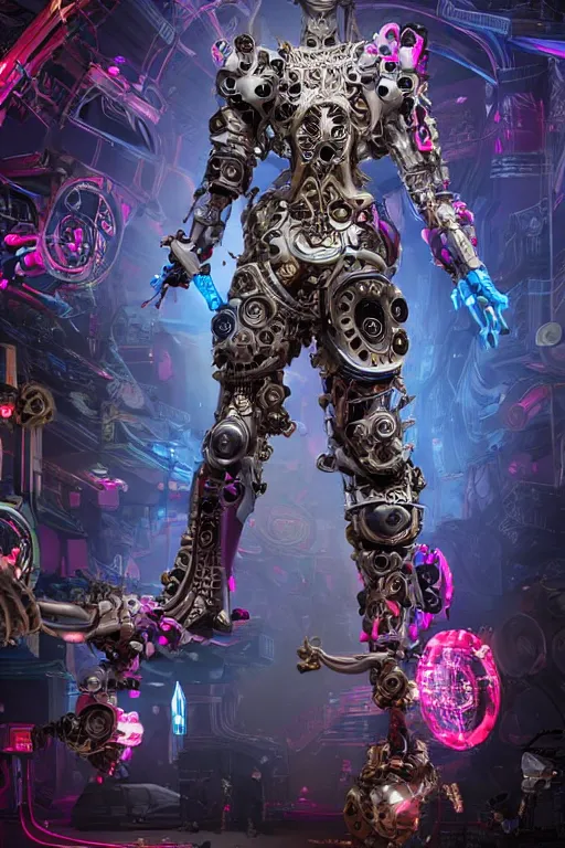 Image similar to full-body rococo and cyberpunk style sculpture of a young handsome Spanish prince half android with a chest exposing circuitry, glowing pink laser eyes, crown of blue gears and diamonds, swirling salmon-colored silk fabric, robotic raptors dinosaurs. baroque elements. full-length view. intricate artwork by caravaggio. Trending on artstation, octane render, cinematic lighting from the right, hyper realism, octane render, 8k, depth of field, 3D