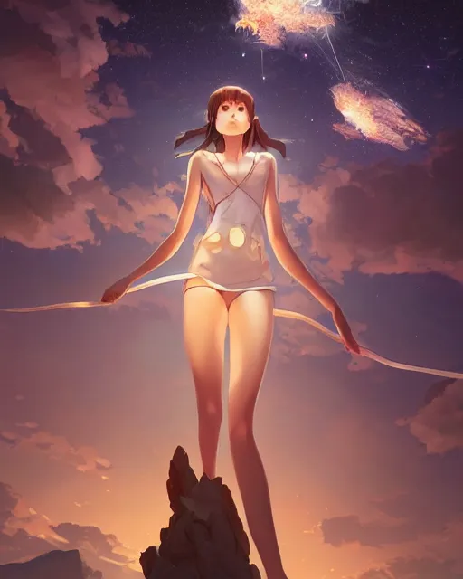 Image similar to goddess pulling meteors from the sky, ambient lighting, full shot, detailed face, 3 d shading, by makoto shinkai, stanley artgerm lau, wlop, rossdraws