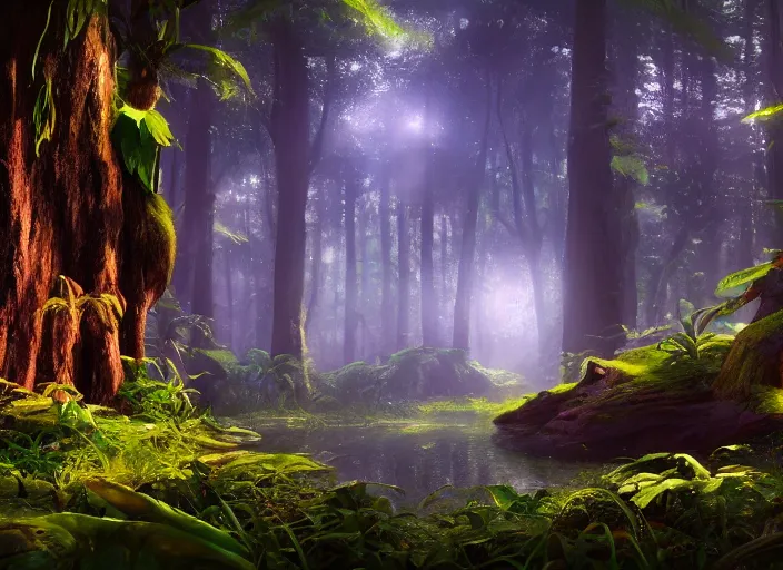 Image similar to luminescent forest biome that looks like a movie shot by pixar, ultra detailed, fantasy, hyper realism, art, smooth, beautiful art, masterpiece, landscape, cinematic, wet reflections, ray tracing x, rtx, smooth